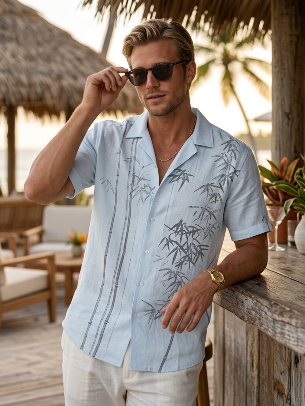 Men’s Tropical Bamboo Print Button-Up Shirt - NEW
